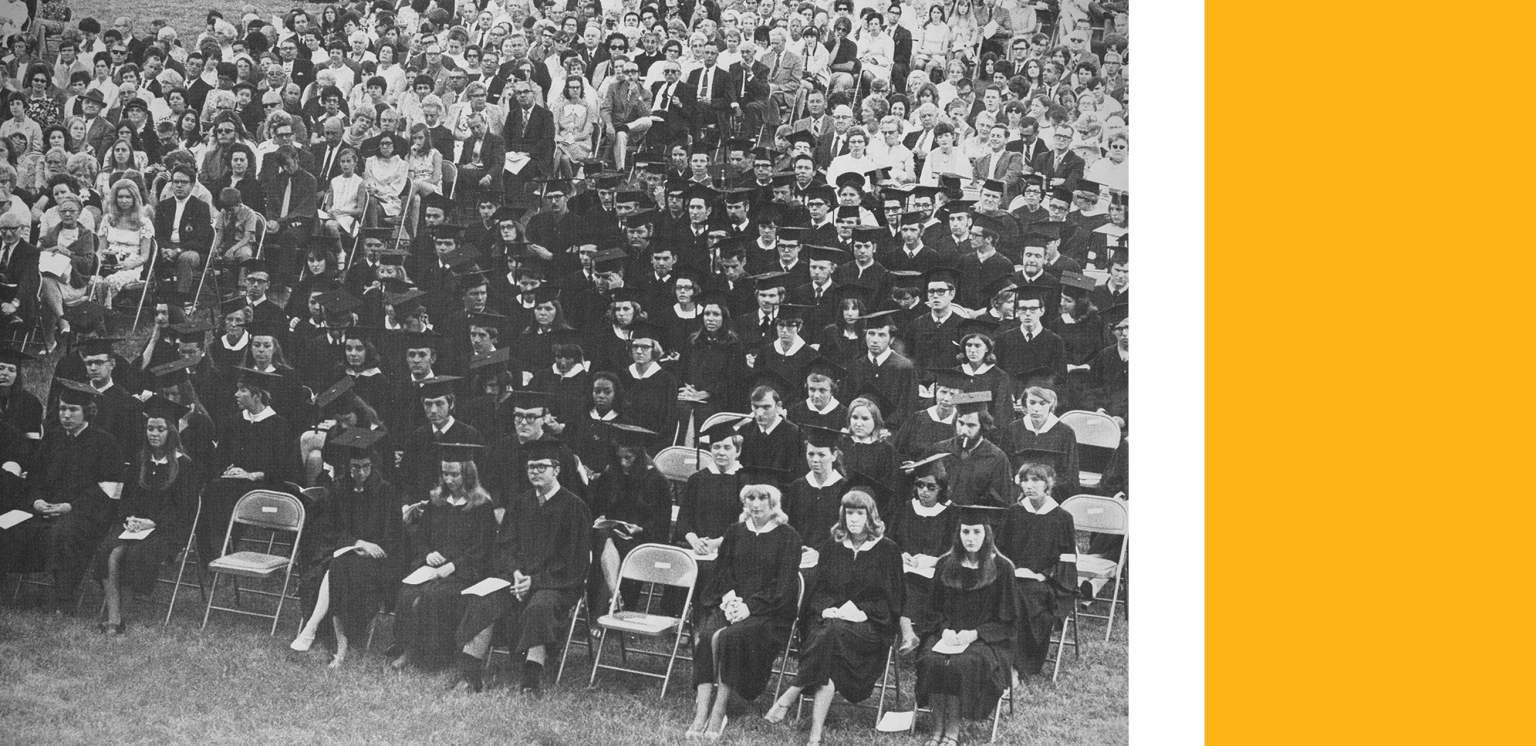 black and white photo of graduation for the class of 1970